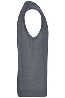 A grey men's v-neck vest made from knitted material, featuring a sleeveless design. It has a logo.