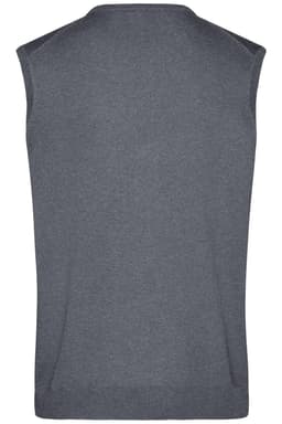 A grey men's v-neck vest, featuring a knitted design and no sleeves, with a logo on the back.