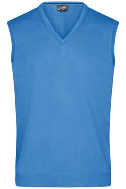 A blue men's V-neck vest featuring a sleeveless design and ribbed hem. It has a logo on the label.