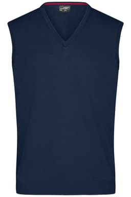 A navy blue men's V-neck vest with a sleeveless design and a branded label.