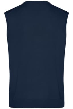 A navy men's V-neck vest featuring a sleeveless design and a textured knit finish.