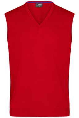 A red knitted men's V-neck vest with a sleeveless design and a blue interior neckline. It features a logo.