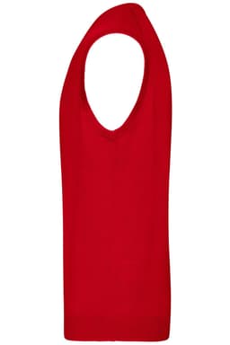 A red men's V-neck vest with a sleeveless design, featuring a ribbed hem.