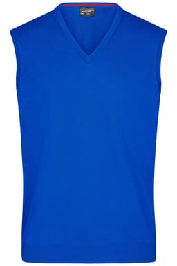 A blue men's v-neck vest with sleeveless design and a ribbed hem, featuring a logo.
