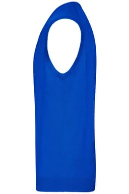 A blue men's v-neck vest with a sleeveless design, featuring a logo on the side.