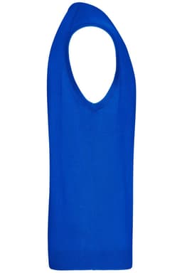 A bright blue knitted men's V-neck vest with a sleeveless design and ribbed hem.