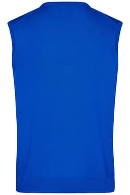 A sleeveless blue knitted vest with a V-neck design, featuring a branding logo on the back.