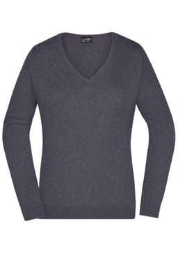 A ladies v-neck pullover in dark grey, featuring a simple design and a logo on the label.
