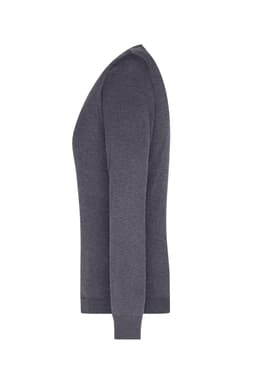 A grey ladies V-neck pullover, featuring long sleeves and a fitted silhouette. The garment has a simple design and includes a logo.