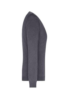 A grey ladies V-neck pullover, featuring a fitted design and long sleeves. It has a simple style and a logo.