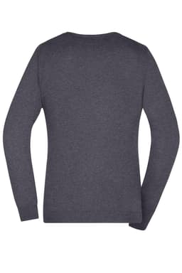 A grey ladies V-neck pullover jumper with long sleeves and a plain back view. It features a logo.