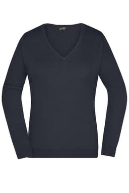 A ladies’ knitted jumper in navy, featuring a V-neck and long sleeves. Includes a logo on the label.