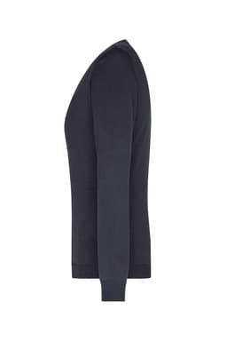 A navy ladies V-neck pullover with long sleeves, featuring a fitted style and a logo on the side.