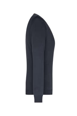 A navy ladies V-neck pullover in a fitted style, featuring long sleeves and a ribbed hem.