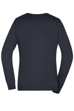 A dark navy ladies V-neck pullover jumper with long sleeves and a fitted design, featuring a logo.