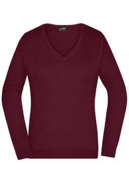 A maroon Ladies V-Neck Pullover jumper with long sleeves, featuring a branding label.