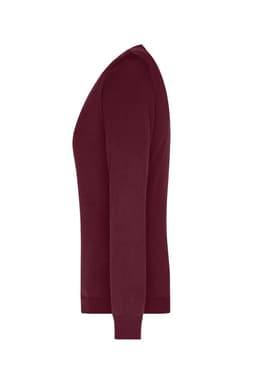 A maroon ladies V-neck pullover jumper with long sleeves, displaying a side view. Features branding on the design.