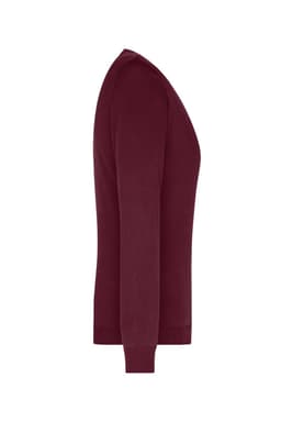 A maroon ladies V-neck pullover, featuring long sleeves and a fitted design. It has a logo on the side.