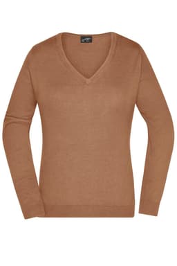 A ladies' v-neck pullover in a warm brown colour, featuring long sleeves and a fitted design. It includes a logo.