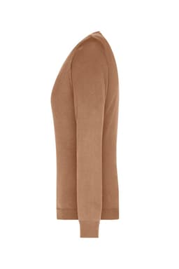 A ladies v-neck pullover in a rich tan colour, featuring long sleeves and a fitted silhouette.