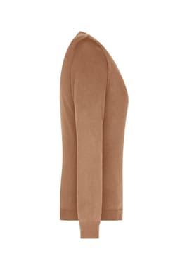 A side view of a ladies' v-neck pullover in a warm brown colour, featuring a knitted texture and fitted design.