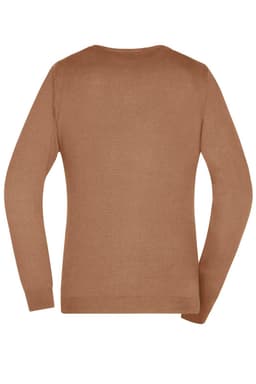 A brown knitted V-neck pullover with long sleeves and a back view. It features a logo on the hem.