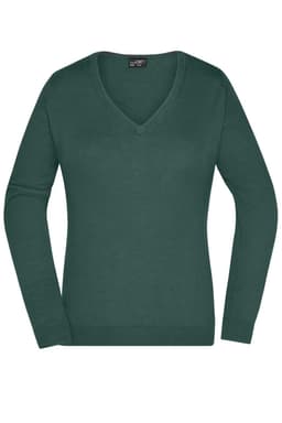 A knitted jumper in dark green with a v-neck design and long sleeves. It features a logo on the tag.