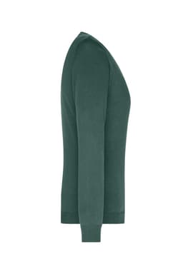 A green ladies V-neck pullover jumper with long sleeves, showing a side profile view. It features a simple design.