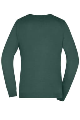 A green Ladies V-Neck Pullover is displayed, showing the back view with long sleeves and a fitted silhouette.