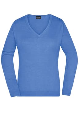 A blue ladies V-neck pullover knitted jumper with long sleeves and a fitted design. It has a brand logo on the label.