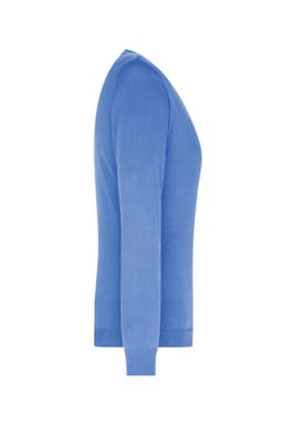 A blue ladies V-neck pullover jumper features a fitted silhouette and long sleeves, with a logo present.
