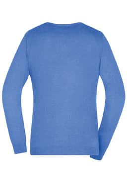 A blue ladies v-neck pullover jumper with long sleeves and a plain back design. It features a subtle logo detail.
