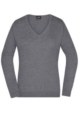 A grey ladies V-neck pullover jumper with long sleeves and a fitted design. It features a brand logo.