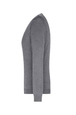 A grey ladies V-neck pullover jumper, knitted, displayed from the side view, featuring long sleeves.