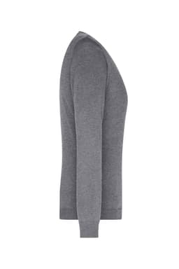 A grey ladies V-neck pullover jumper with long sleeves, featuring a fitted style and ribbed cuffs.