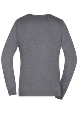 A grey ladies v-neck pullover jumper with long sleeves and a fitted design. Features a logo on the back.