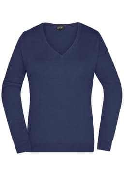 A navy blue ladies V-neck pullover jumper with long sleeves and a fitted design. Includes a logo on the label.