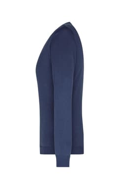 A navy blue ladies V-neck pullover, featuring long sleeves and a fitted design. Includes a logo on the garment.