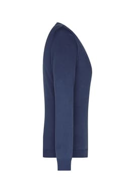 A ladies' navy V-neck pullover jumper featuring long sleeves and a fitted design. It includes a logo.