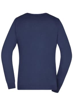 A navy ladies v-neck pullover with long sleeves, featuring a knitted design and a logo on the back.