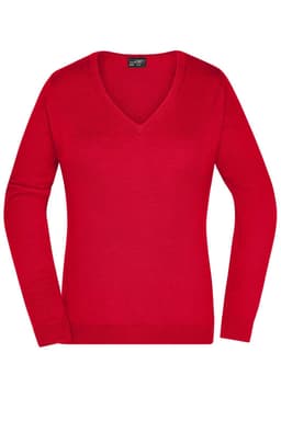 A red ladies V-neck pullover with long sleeves, featuring a simple design and a logo on the label.