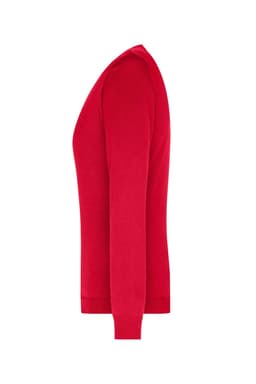 A red ladies V-neck pullover jumper with long sleeves, featuring a side view. It has a logo on the garment.
