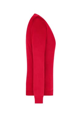 A red ladies V-neck pullover displayed from the side, featuring a fitted design and long sleeves.