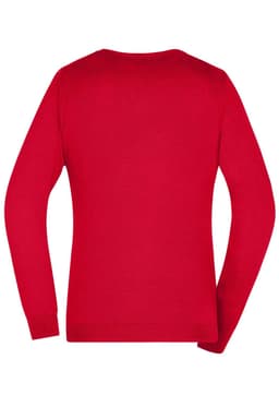 A red ladies v-neck pullover jumper with long sleeves and a fitted design, featuring a logo on the back.