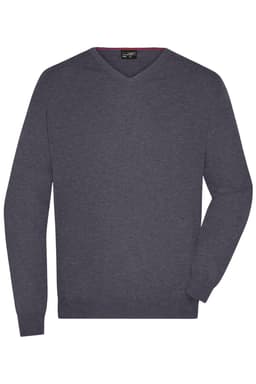 A dark grey men's V-neck pullover jumper with long sleeves and a simple design. It includes a logo.