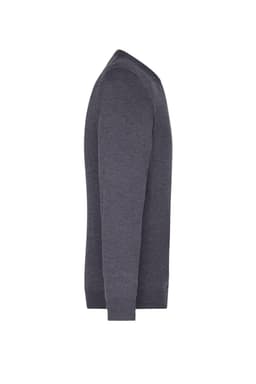 A grey men's V-neck pullover jumper with long sleeves displayed from the side. It has a logo on it.