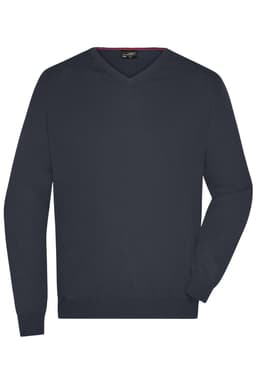 A navy V-neck pullover jumper for men with long sleeves and a logo on the label.