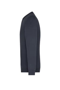 A navy men's V-neck pullover jumper with long sleeves, featuring a fitted silhouette and a logo.