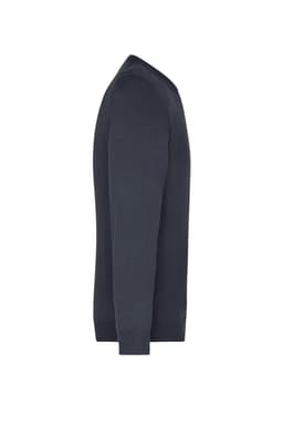 A men's navy V-neck pullover jumper features long sleeves and a fitted silhouette. It has a logo on the side.