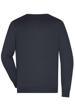A navy men's V-neck pullover jumper featuring long sleeves and a simple design. It has a logo on the back.